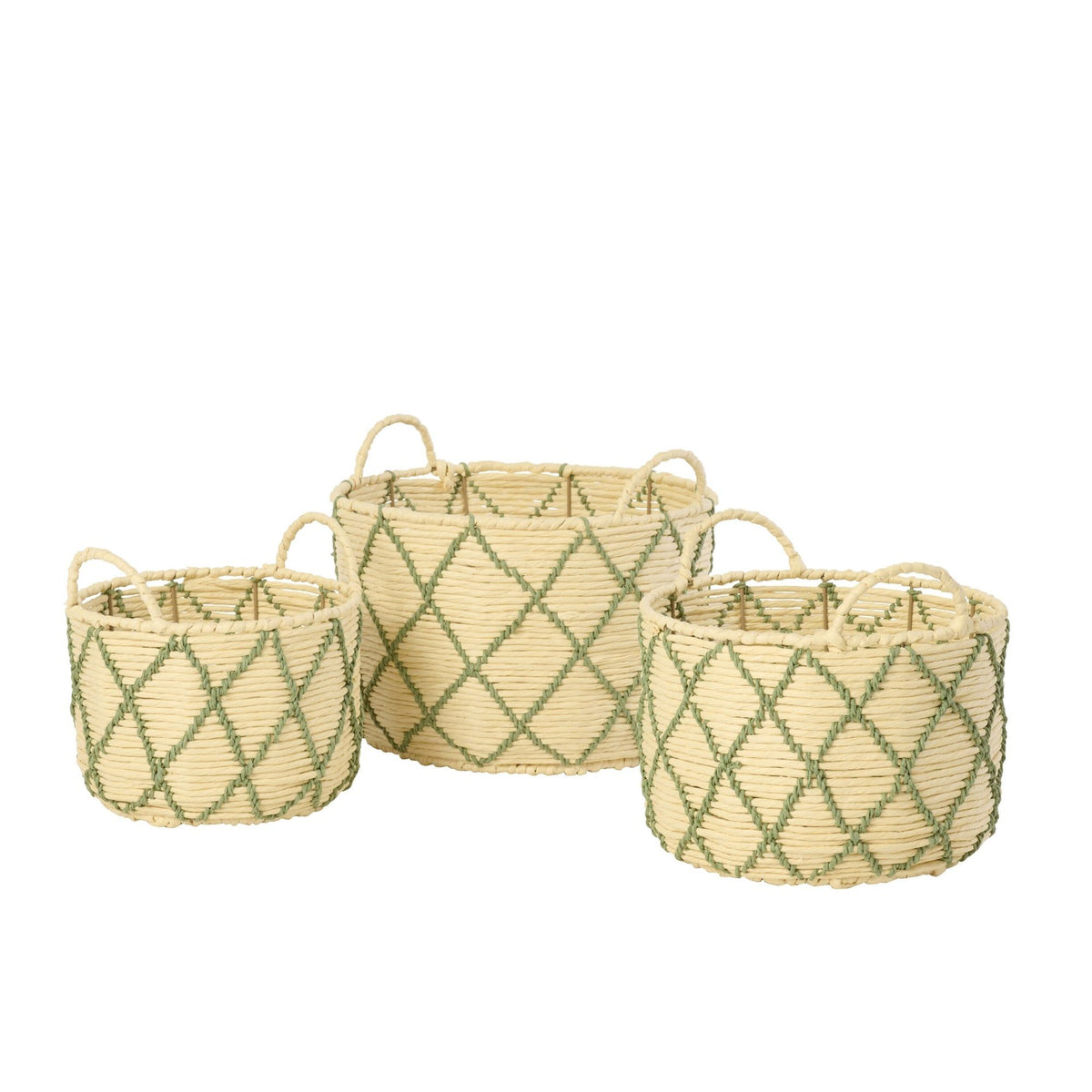 Set Van 3 Manden Met Hengsel Geruit Naturel/Kakigroen van J-Line, ronde manden van geruit papier in naturel en kakigroen