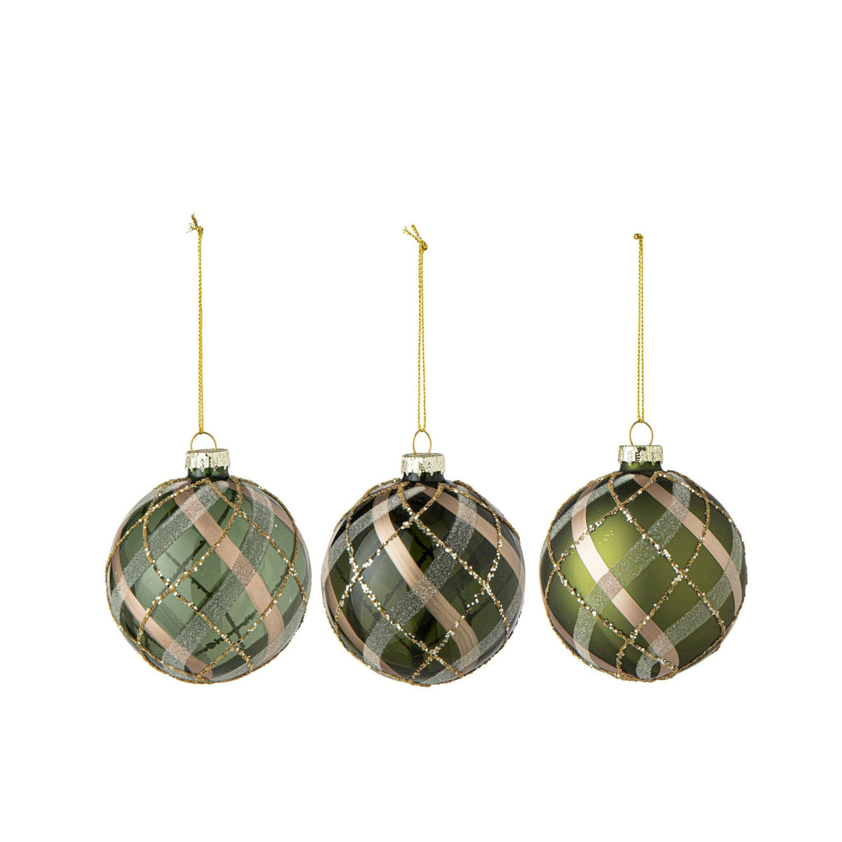 Doos Van 3 Kerstballen Small van J-Line, drie glazen ballen met diagonaal ruitdessin, Ø8cm
