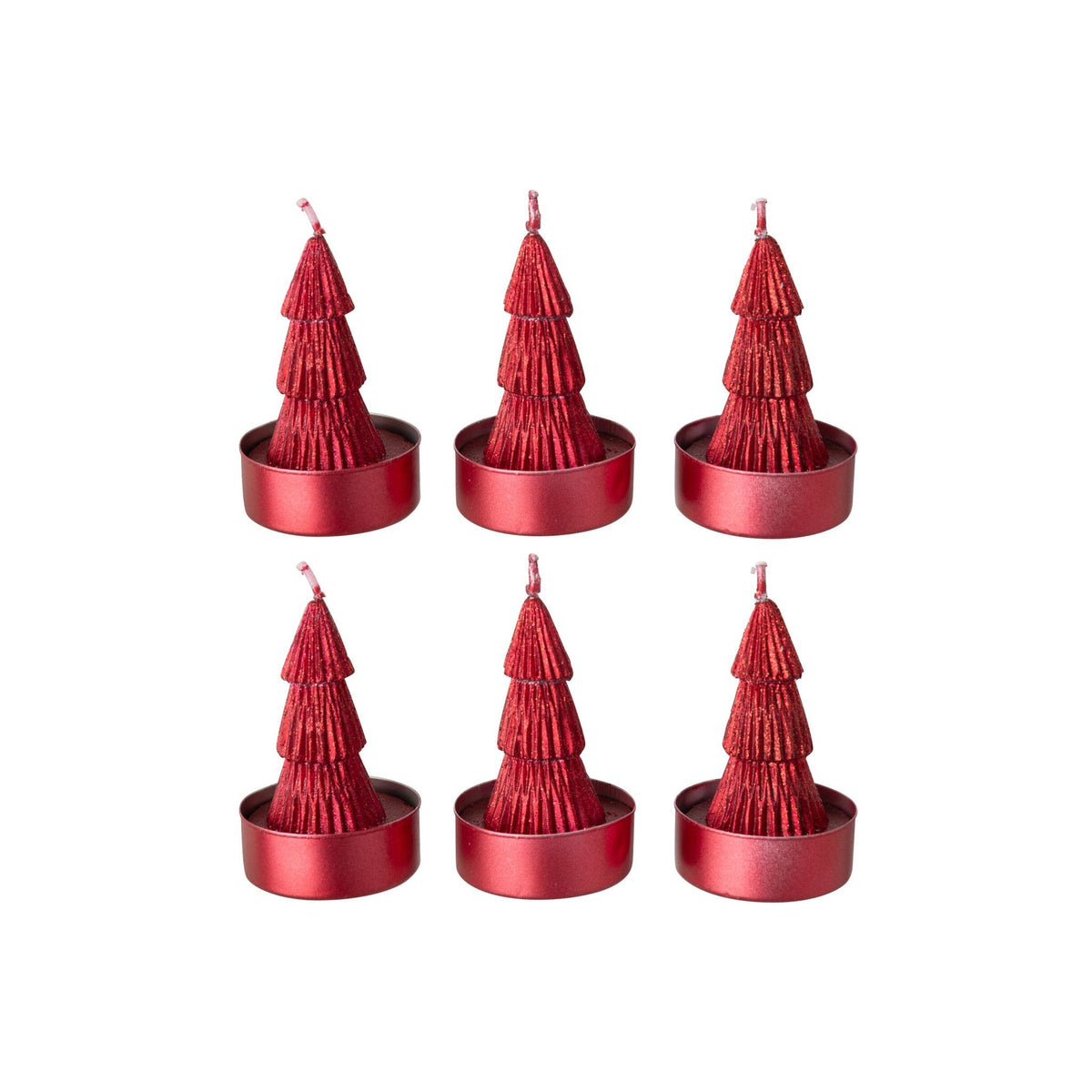 Doos Van 6 Kerstboomkaarsen van J-Line, zes rode mini boompjes in aluminium cupjes