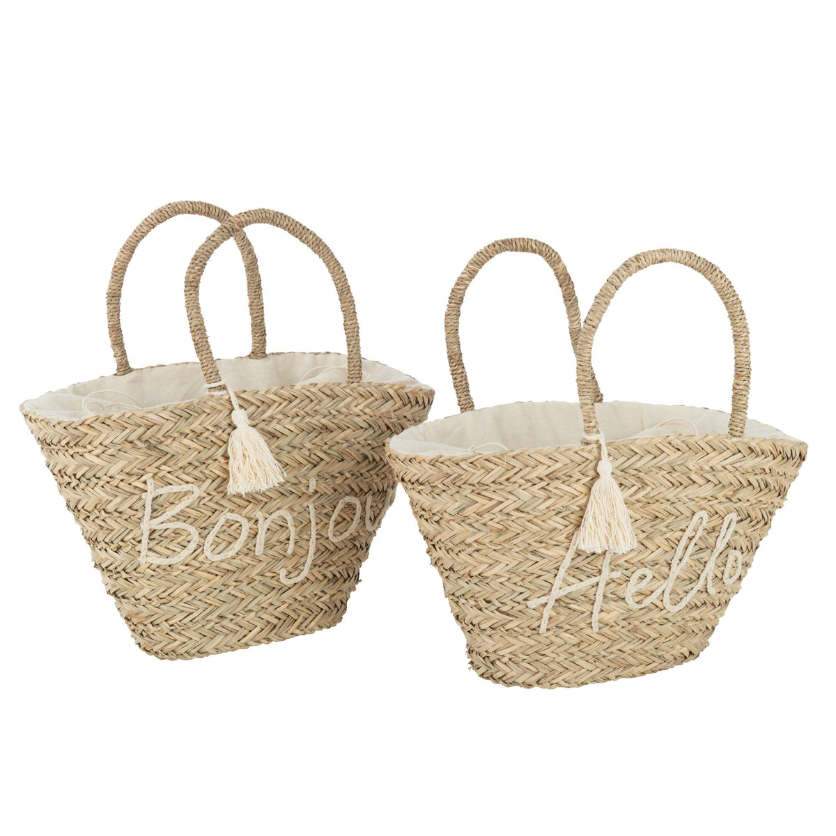 Strandtas Bonjour/Hello Kwast Jute Naturel/Wit Assortiment Van 2