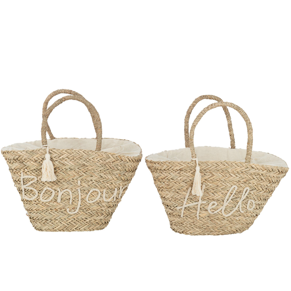 Strandtas Bonjour/Hello Kwast Jute Naturel/Wit Assortiment Van 2