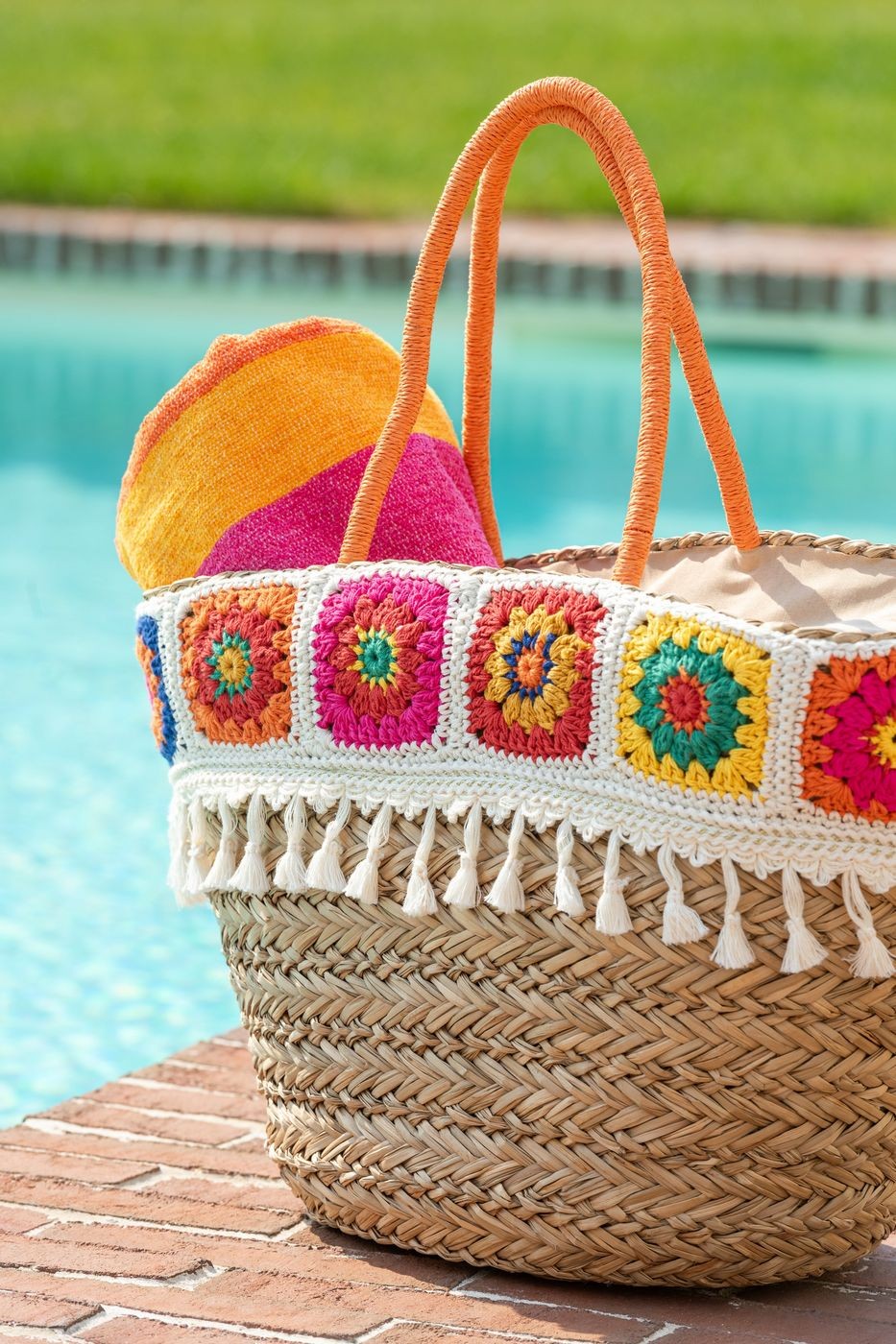 Strandtas Gehaakt + Kwasten Zeegras/Katoen - Tas - J-Line - livinglovely.nl