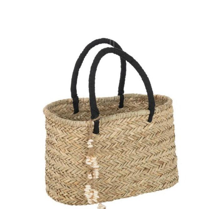 Strandtas Met Schelpen Zwart Handvatten Jute Naturel/Zwart Large - Tas - J-Line - livinglovely.nl