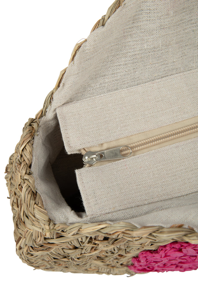 Strandtas Rond Bloem Zeegras Nat/Fushia - Tas - J-Line - livinglovely.nl