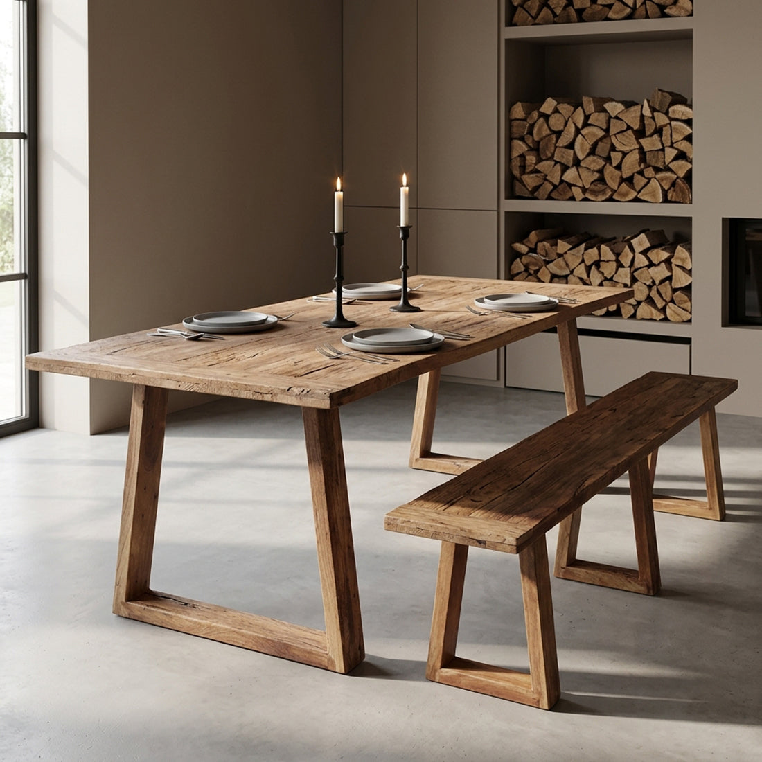 Teakhouten Eettafel Farmwood 180cm van Raw Materials, bruine eettafel met massieve schuine poten