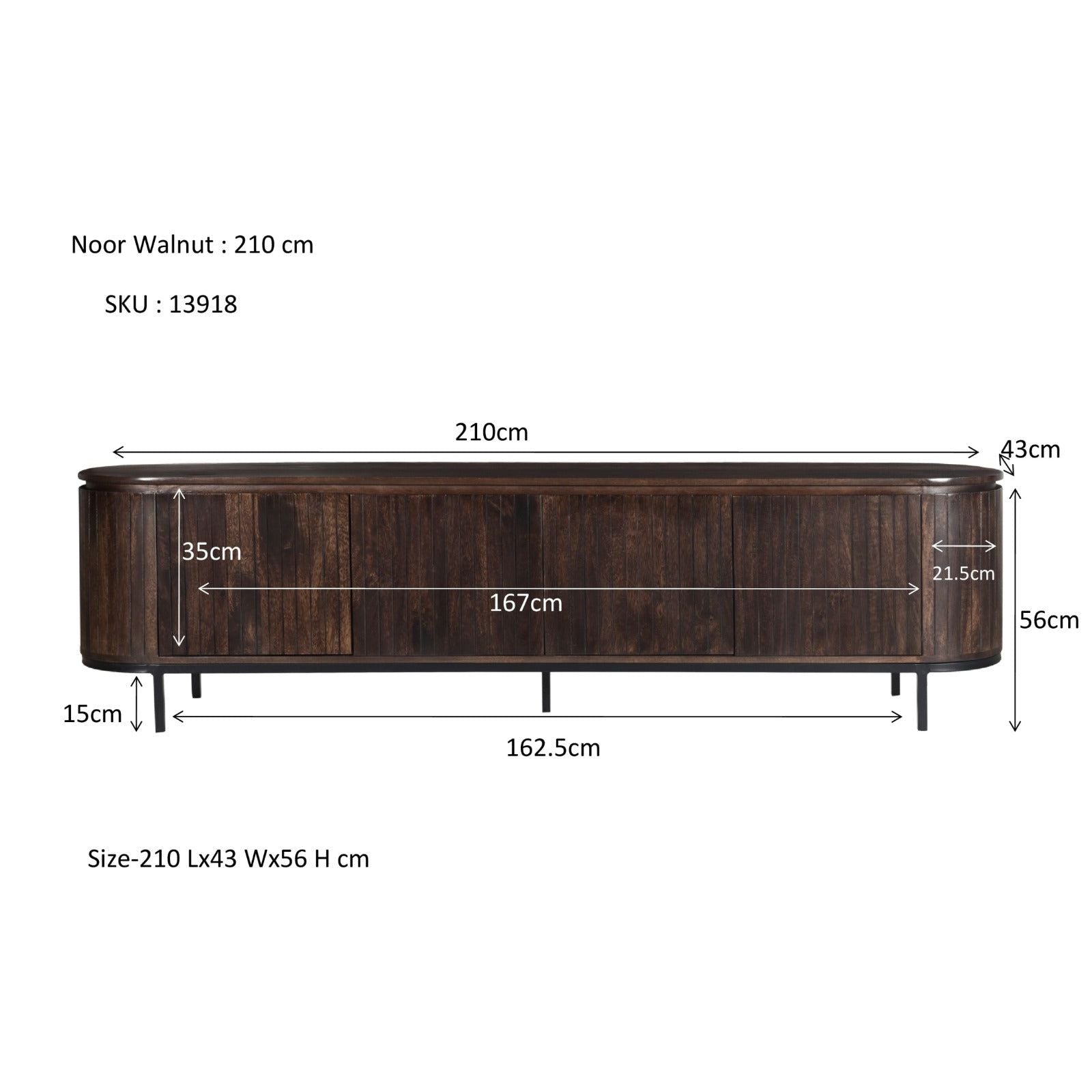 Maatschets van het Noor tv-meubel met afmetingen 210 bij 43 bij 56 cm
