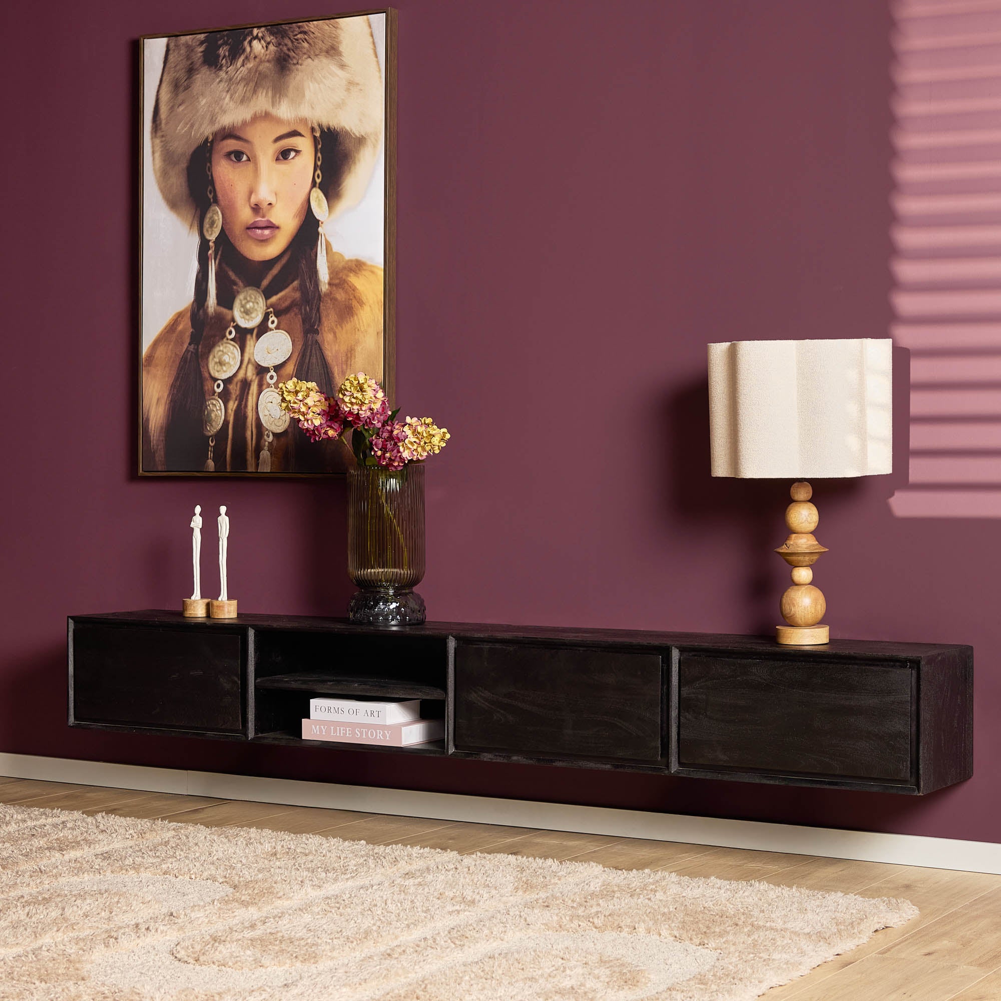 TV-meubel Ambiance Zwart 240cm van Starfurn, zwevend meubel van mangohout