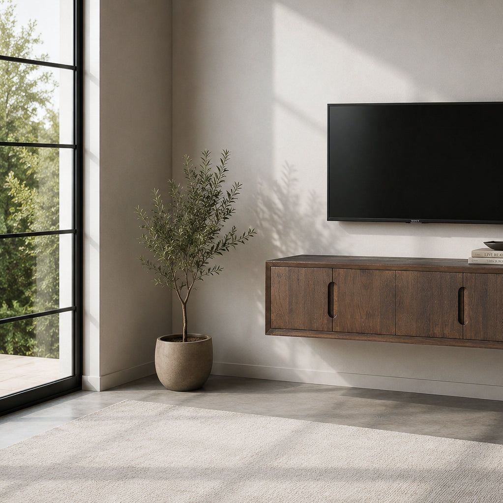 Zwevend Cortez tv-meubel aan de wand met televisie erboven en plant ernaast