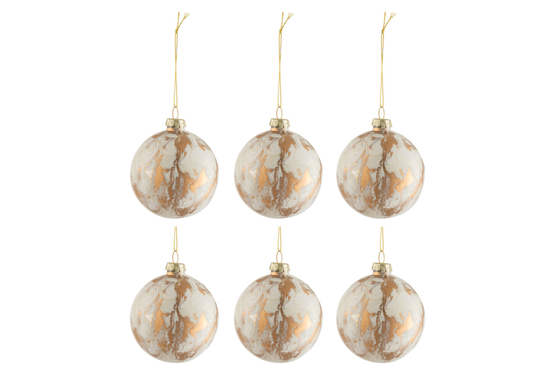 Doos van 6 Kerstballen Marmerlook Glas Wit/Goud Small 8,5xh10cm J-Line