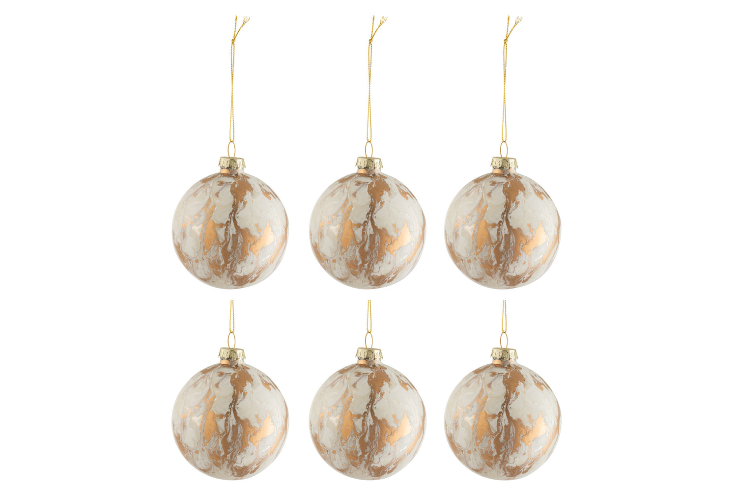 Doos van 6 Kerstballen Marmerlook Glas Wit/Goud Small 8,5xh10cm J-Line