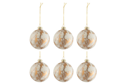 Doos van 6 Kerstballen Marmerlook Glas Wit/Goud Small 8,5xh10cm J-Line