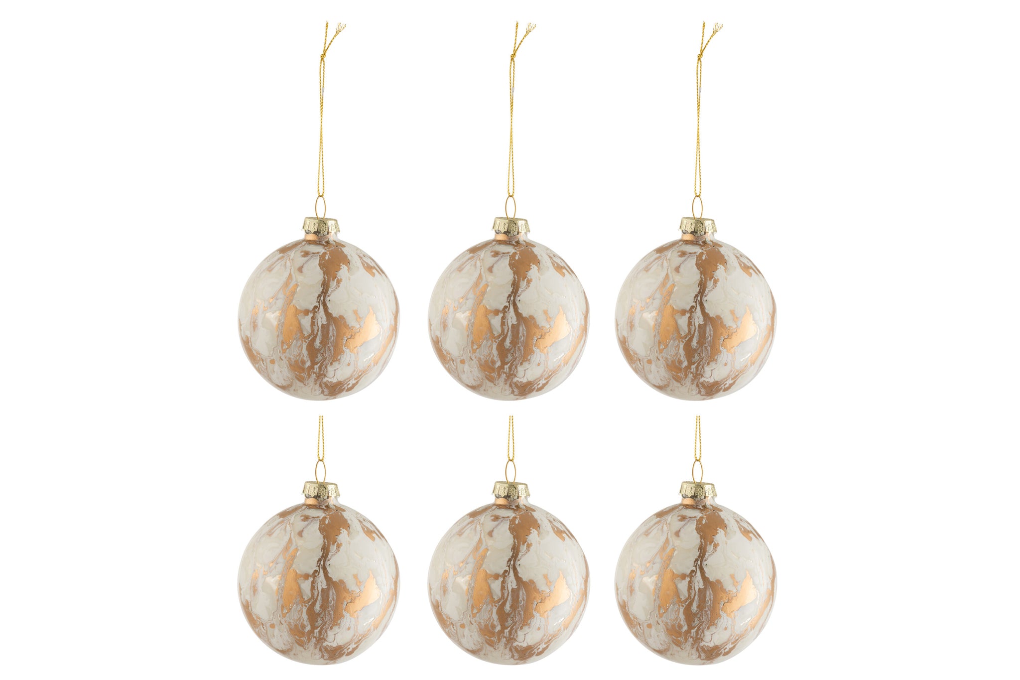 Doos van 6 Kerstballen Marmerlook Glas Wit/Goud Small 8,5xh10cm J-Line