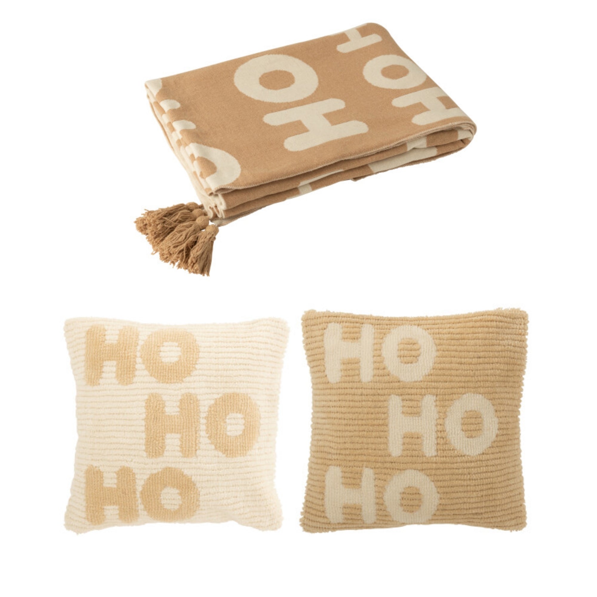 Kerstbundel Plaid &amp; Kerstkussens HoHoHo Beige/Wit J-Line