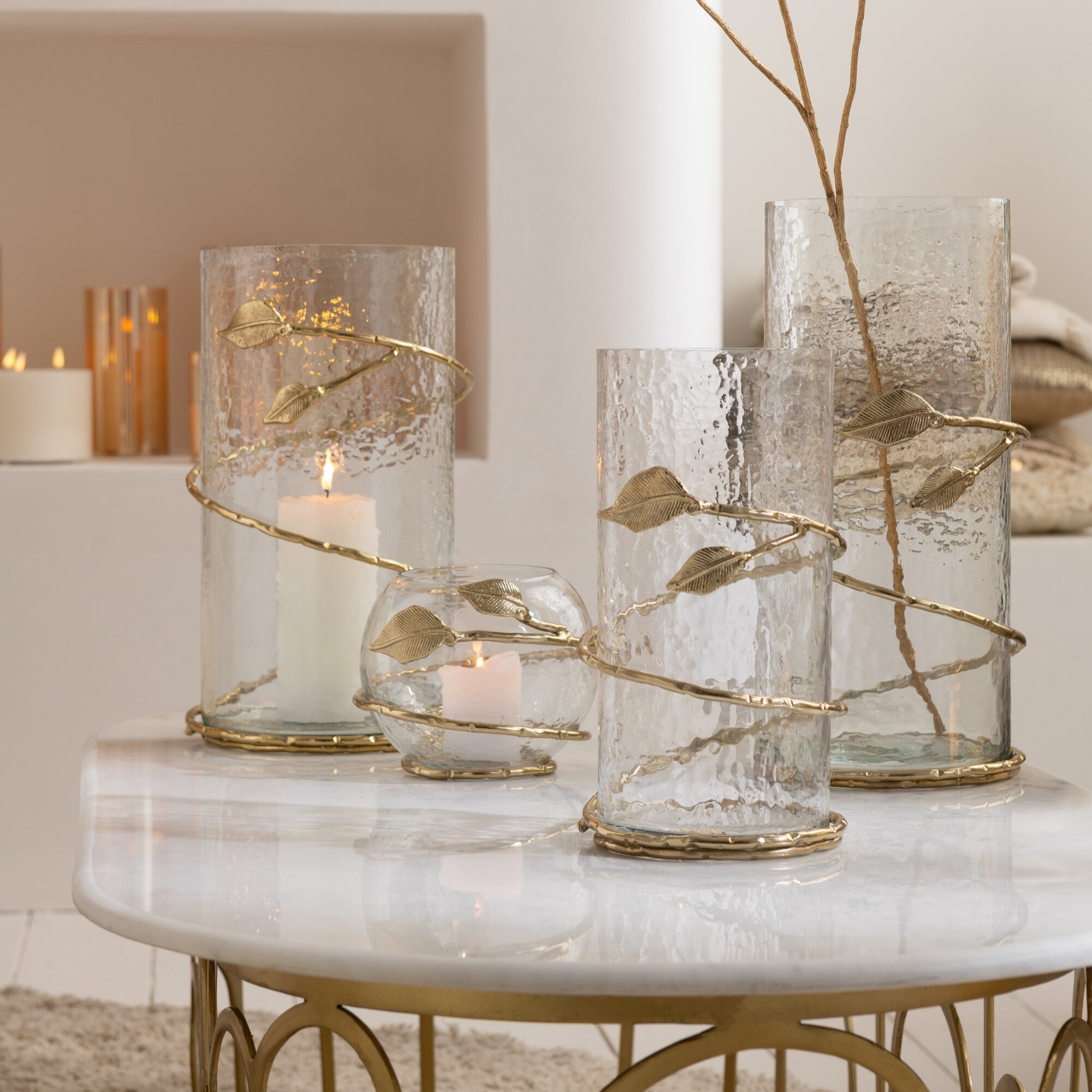 Glazen Windlicht met Gouden Bladeren Ø17.5x34cm J-Line