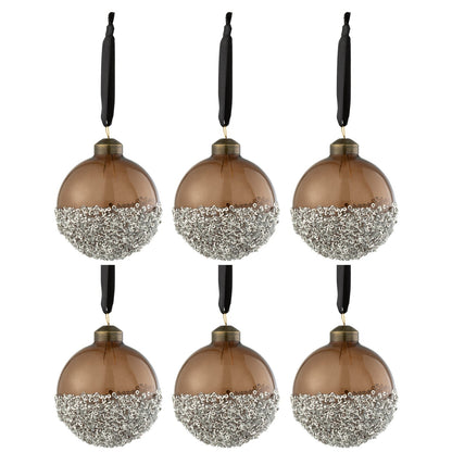 Doos Van 6 Kerstballen Parels Zilver Glas Bruin Small J-Line
