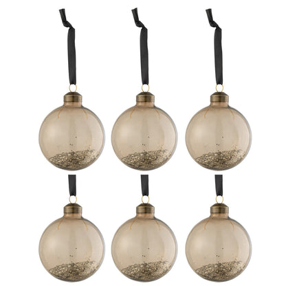 Doos Van 6 Kerstballen Glitter Binnen Glas Bruin J-Line