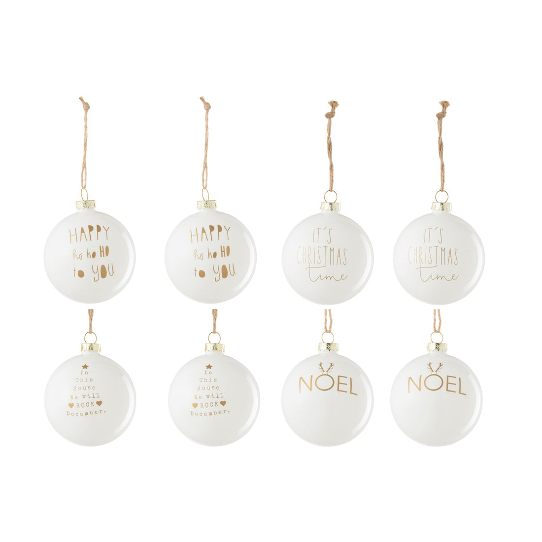 Doos Van 8 Kerstbal 2+2+2+2 Tekst Kerstmis Glas Wit/Goud J-Line