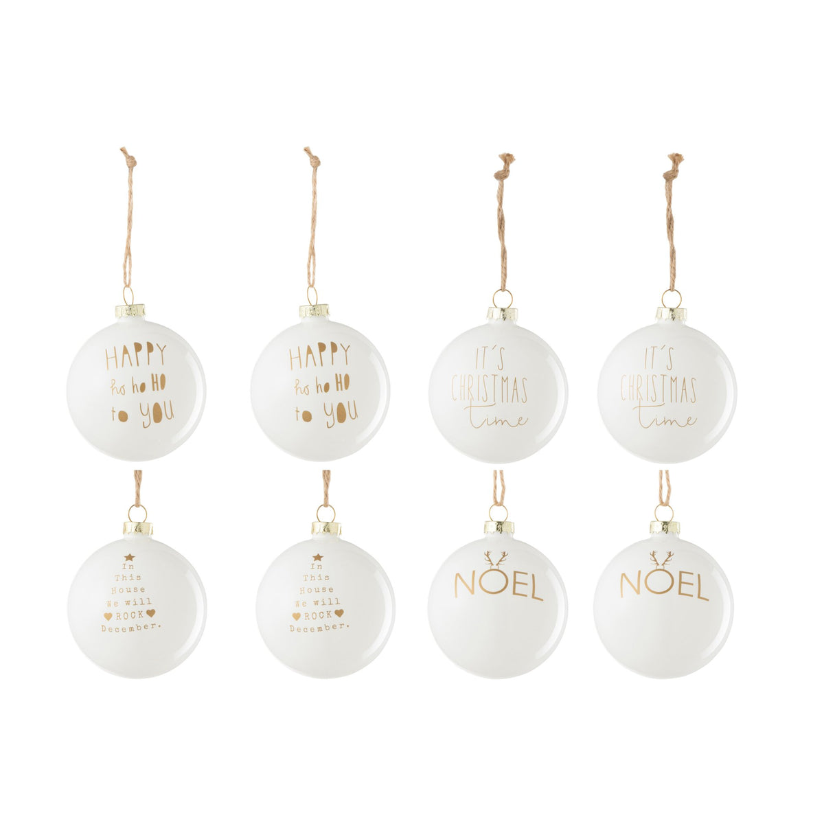 Doos Van 8 Kerstbal 2+2+2+2 Tekst Kerstmis Glas Wit/Goud J-Line