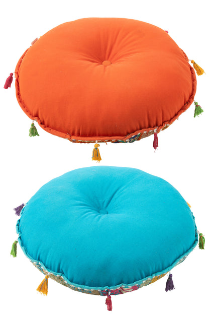 Poef Rond Plat Patronen + Kwasten Katoen Oranje/Blauw Set van 2 J-Line