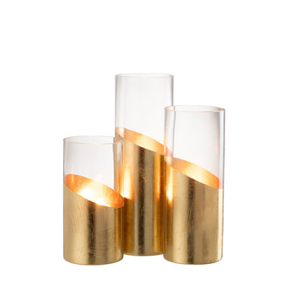 Windlicht Moa Glas Transparant/Goud J-Line set van 3