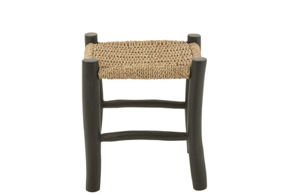 Kruk Vierkant Teak Hout/Zeegras Zwart/Naturel
