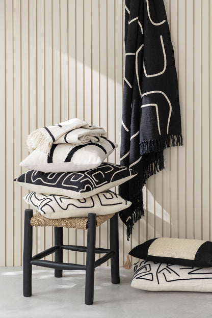 Kruk Vierkant Teak Hout/Zeegras Zwart/Naturel