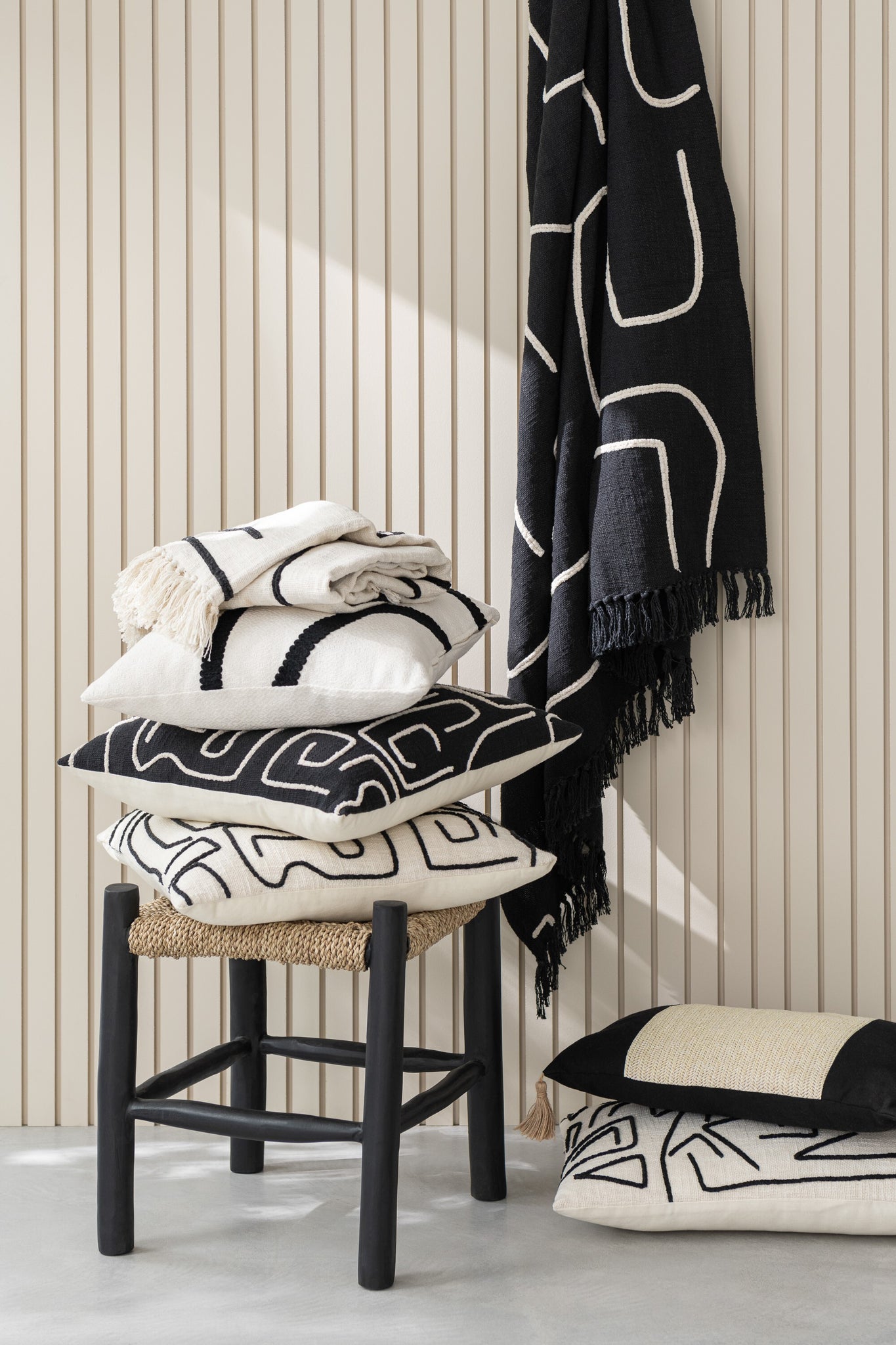 Plaid Strepen/Bogen Katoen Zwart/Wit 130x180cm