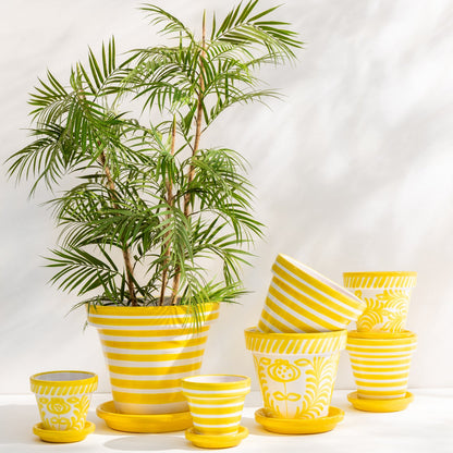 Flowerpot+Plate Granada Stripes Handmade+Painted Ceramic Yellow Extra Large