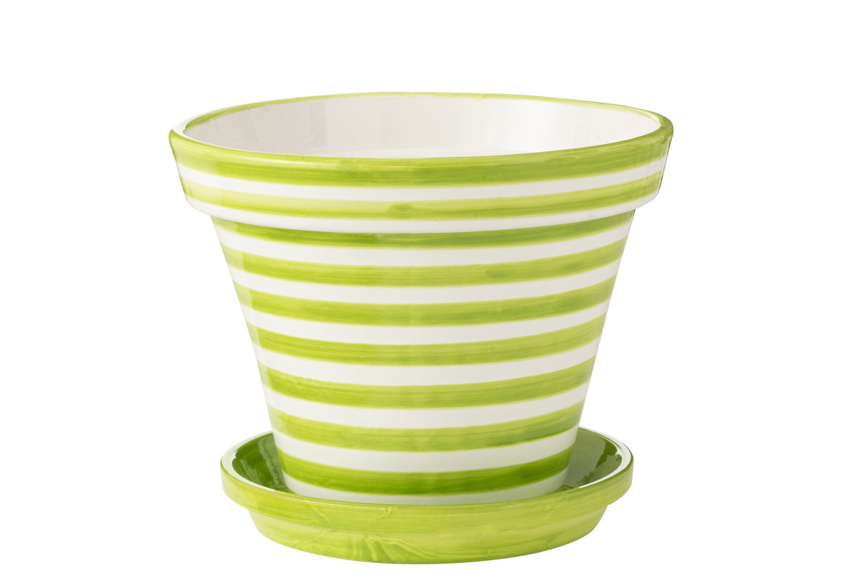 Flowerpot+Plate Granada Stripes Handmade+Painted Ceramic Green Extra Large J-Line