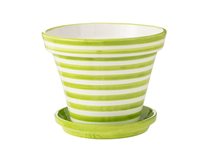 Flowerpot+Plate Granada Stripes Handmade+Painted Ceramic Green Extra Large J-Line