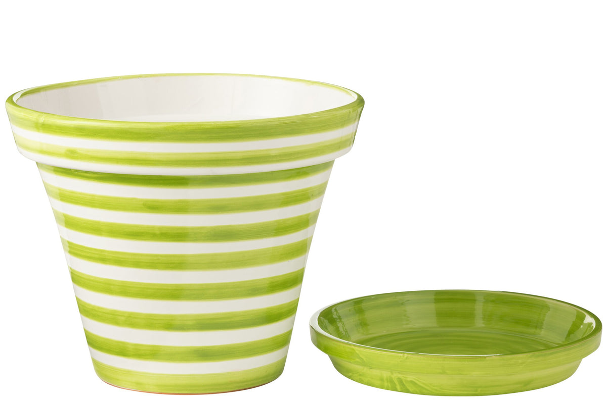 Flowerpot+Plate Granada Stripes Handmade+Painted Ceramic Green Extra Large J-Line
