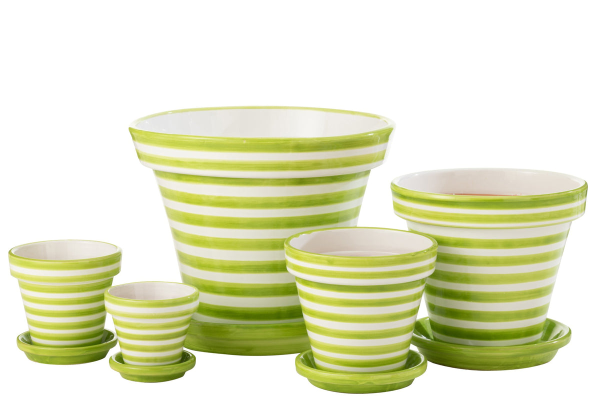 Flowerpot+Plate Granada Stripes Handmade+Painted Ceramic Green Extra Large J-Line