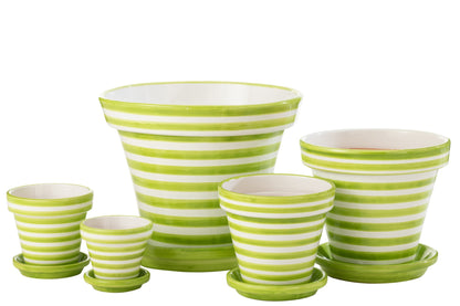 Flowerpot+Plate Granada Stripes Handmade+Painted Ceramic Green Extra Large J-Line