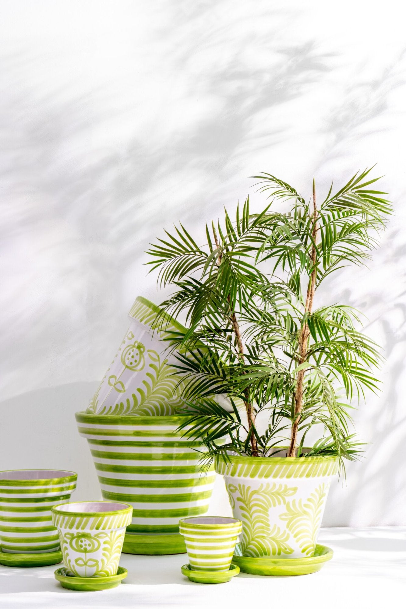 Flowerpot+Plate Granada Stripes Handmade+Painted Ceramic Green Extra Large J-Line
