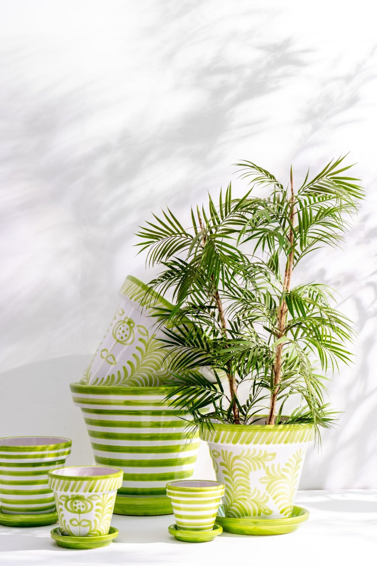Flowerpot+Plate Granada Stripes Handmade+Painted Ceramic Green Extra Large J-Line
