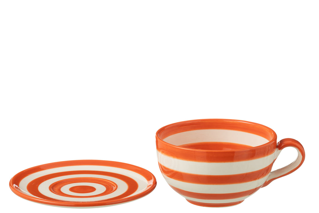 Koffiekop met Schaaltje Granada Strepen Oranje/Wit Keramiek J-Line