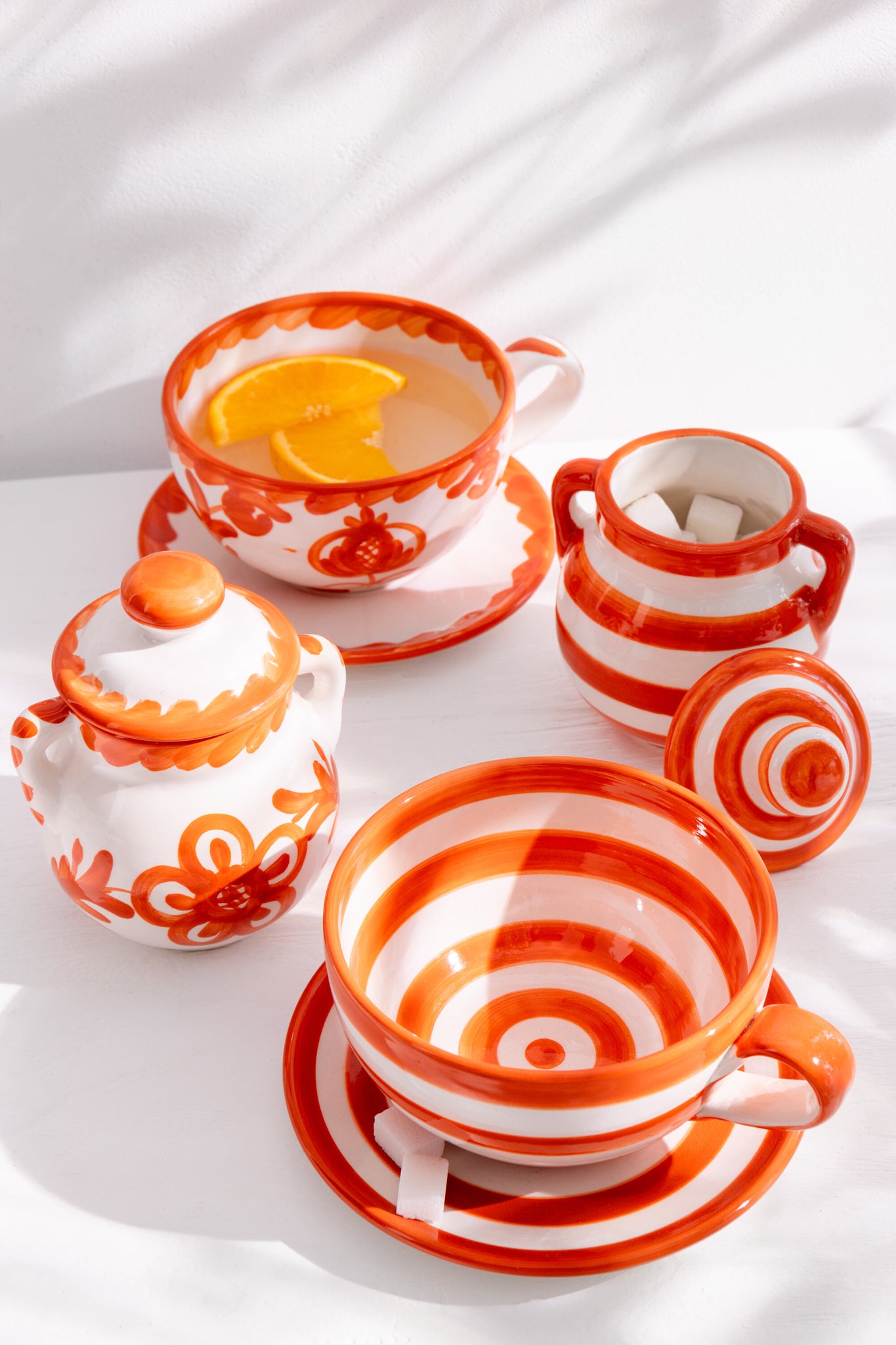 Koffiekop met Schaaltje Granada Strepen Oranje/Wit Keramiek J-Line