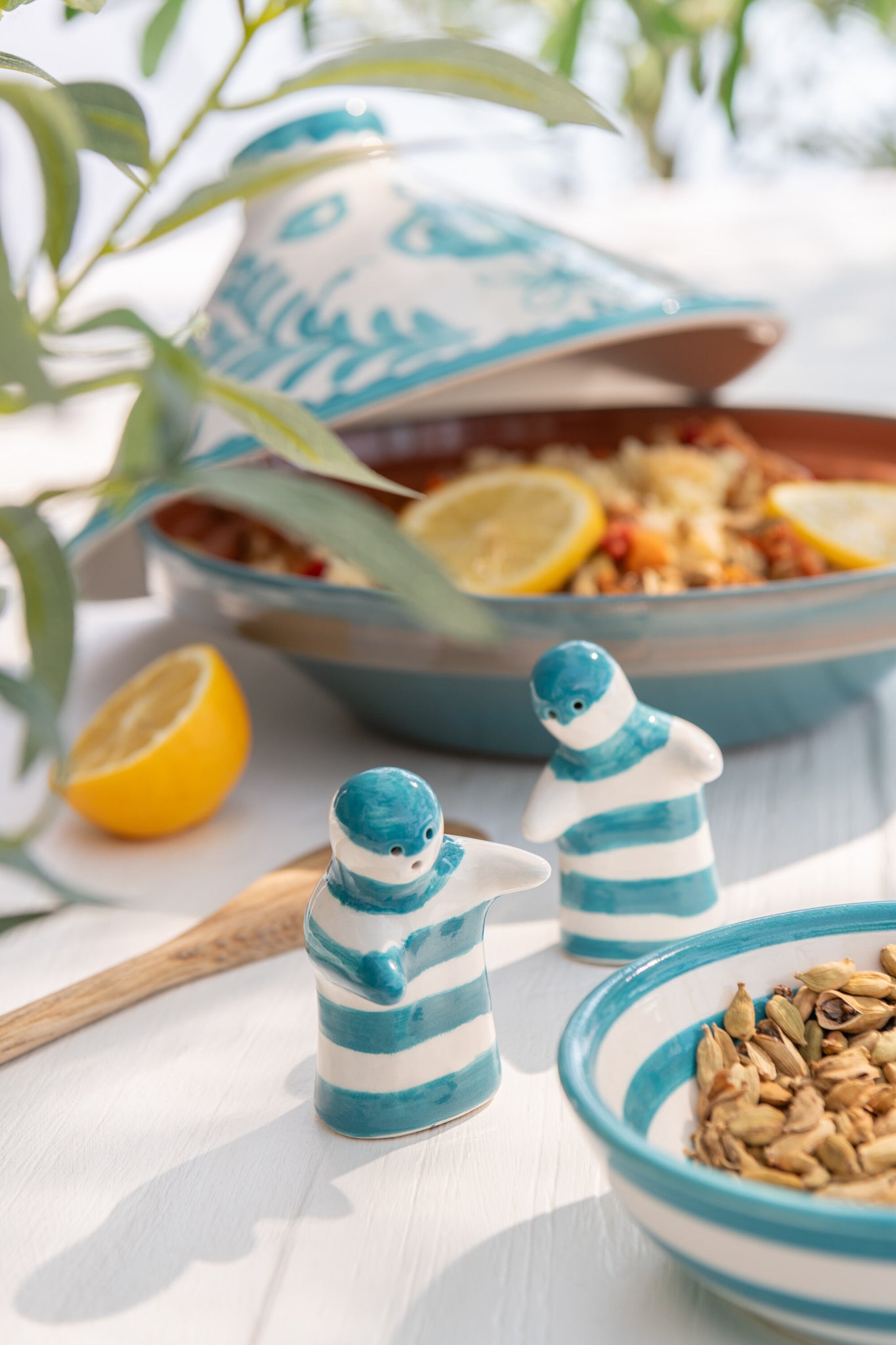 Kleine Lage Kom Granada Strepen Aqua/Wit Keramiek J-Line