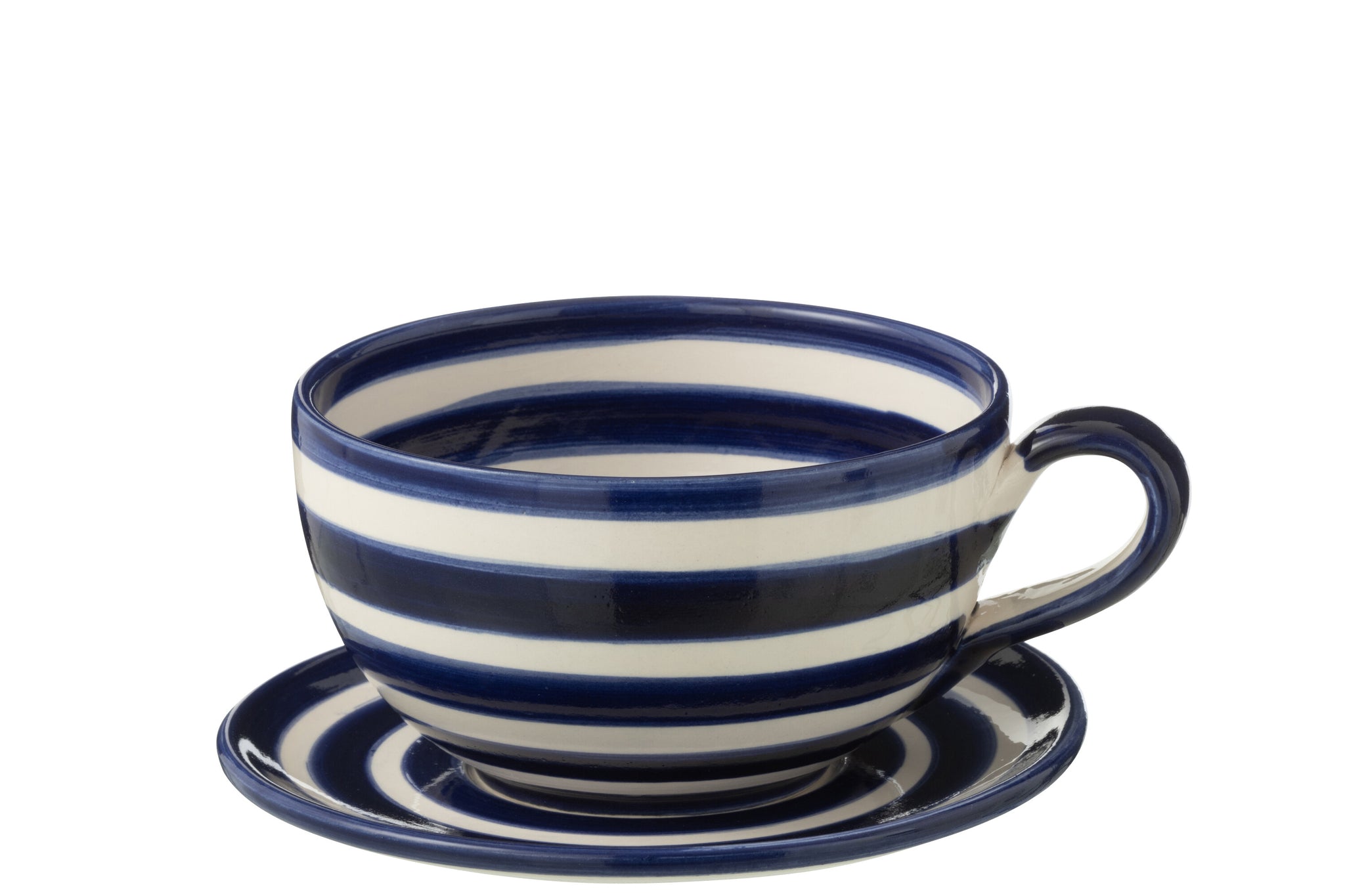 Koffiekop met Schaaltje Granada Strepen Cobalt Blauw/Wit Keramiek J-Line