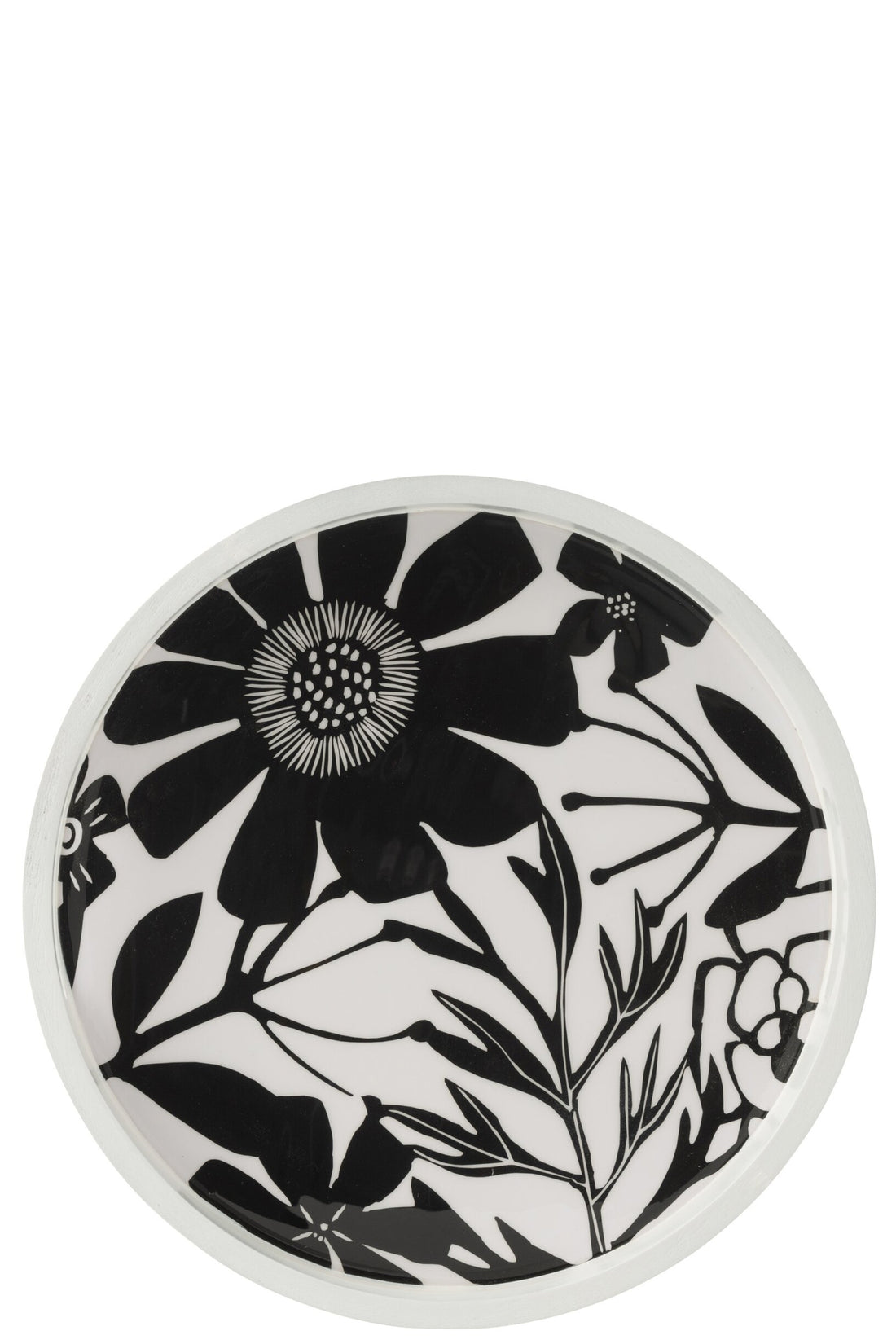 Dienblad Rond Met Handvaten Bloemen Mangohout Zwart/Wit J-Line