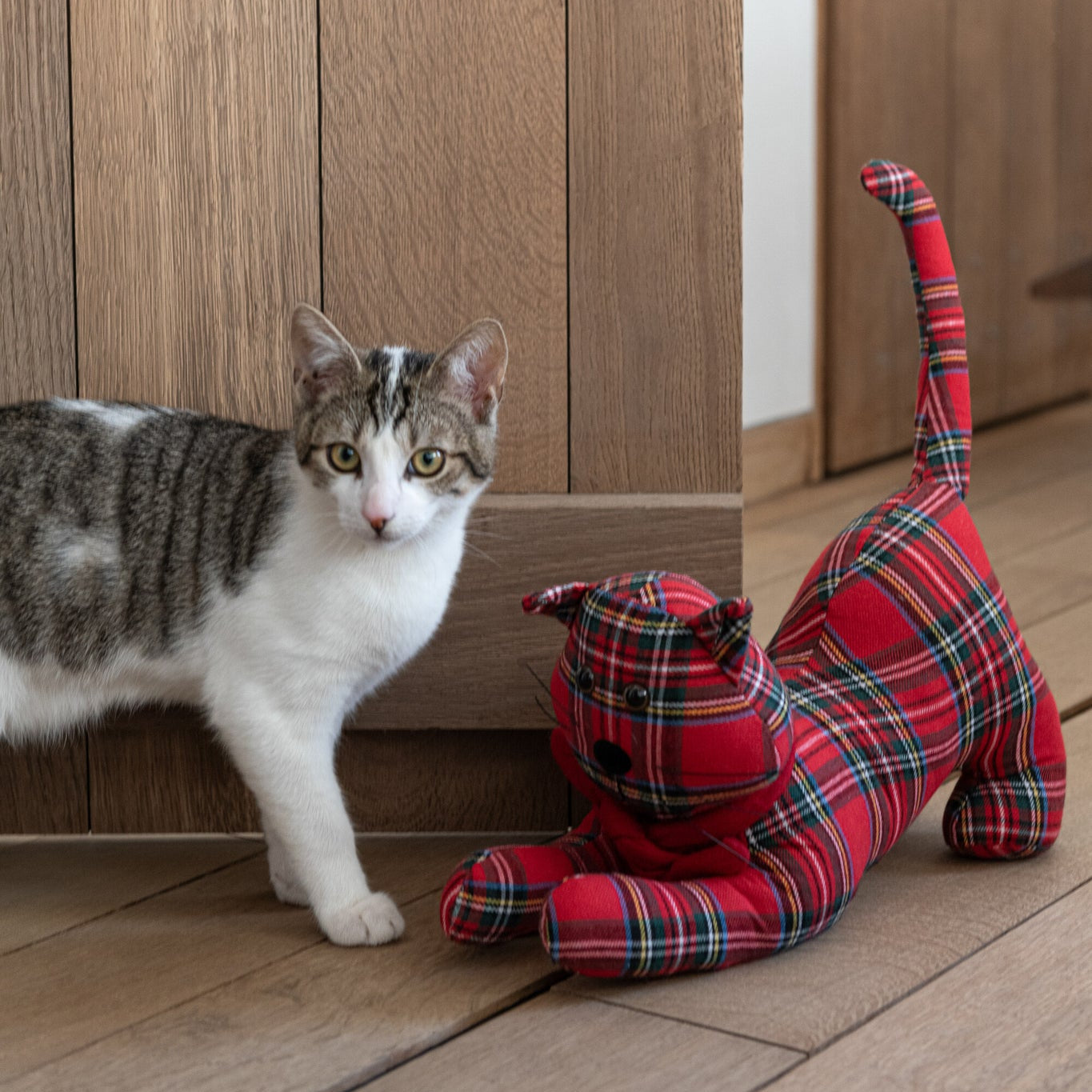 Deurstop Kat Geruit Polyester Kerstrood/Donkergroen Set van 2 J-Line