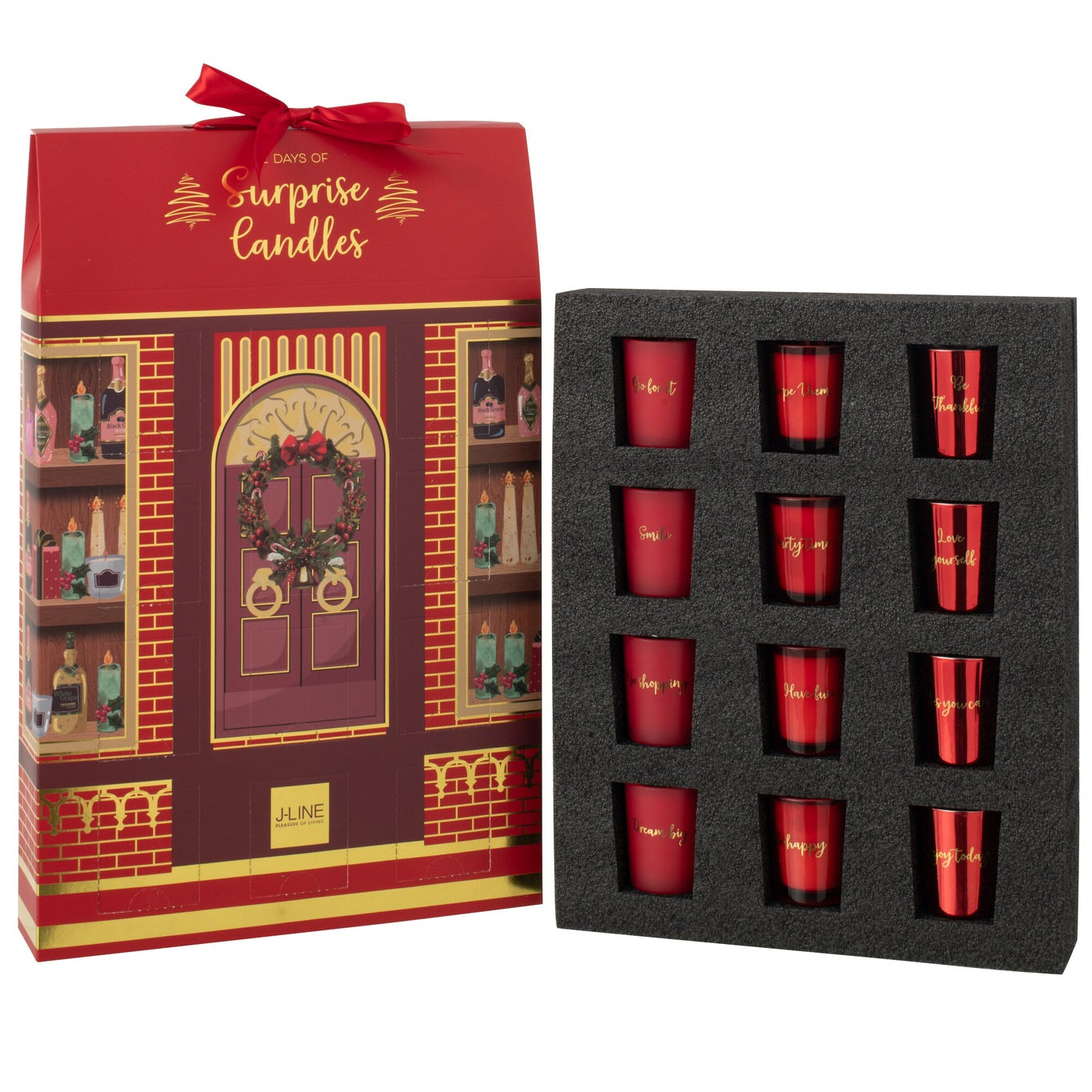 Geurkaars 12 Candles Surprise Window Was Koraalrood/Meerkleurig J-Line