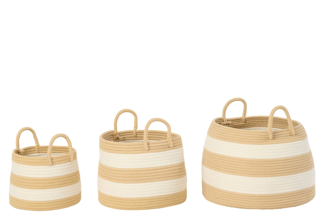 Set Van 3 Mand Met Handvat Rond Gestreept Polyester Naturel/Wit J-Line