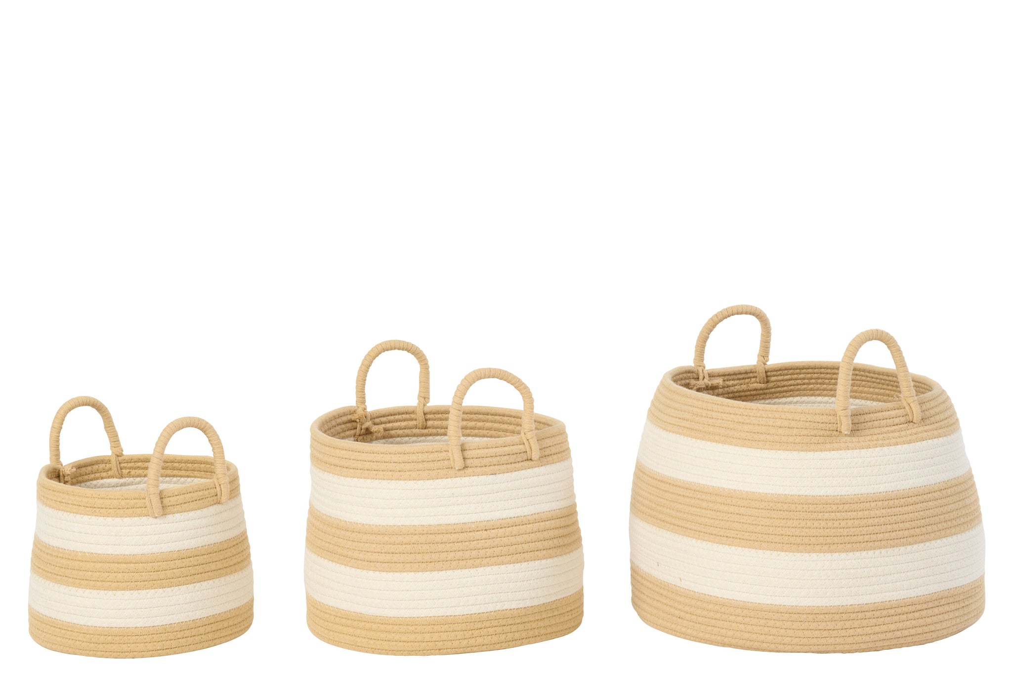 Set Van 3 Mand Met Handvat Rond Gestreept Polyester Naturel/Wit J-Line