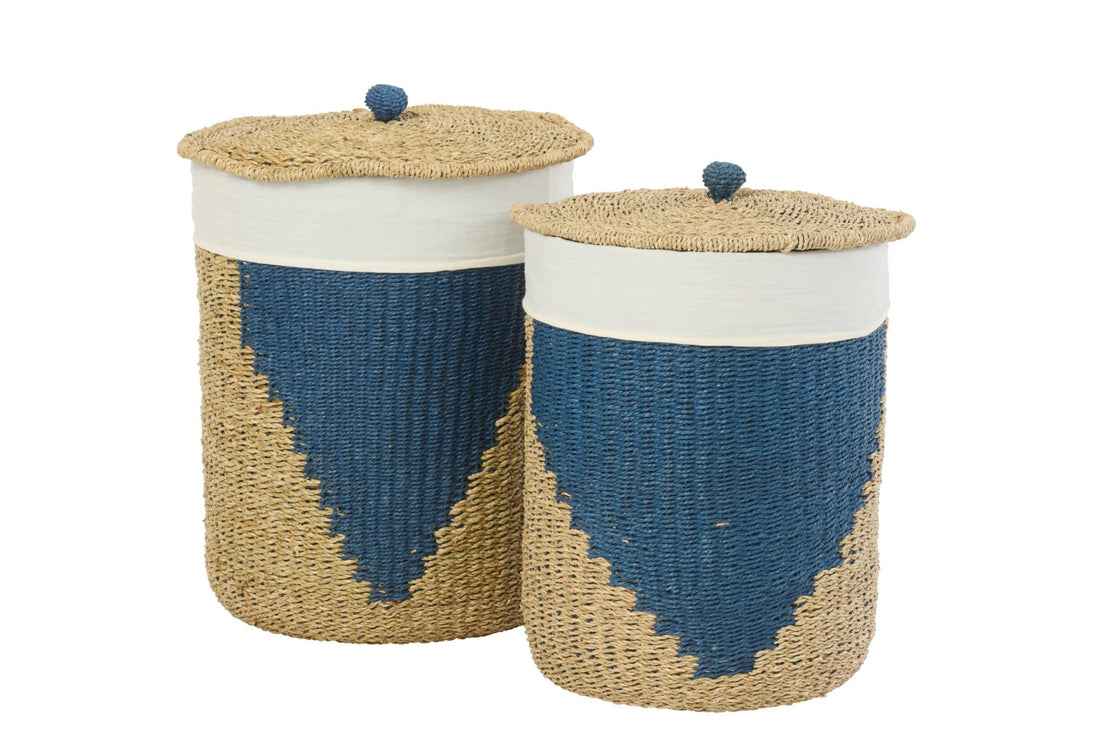 Set van 2 Mand + Deksel Papier Naturel/Blauw J-Line