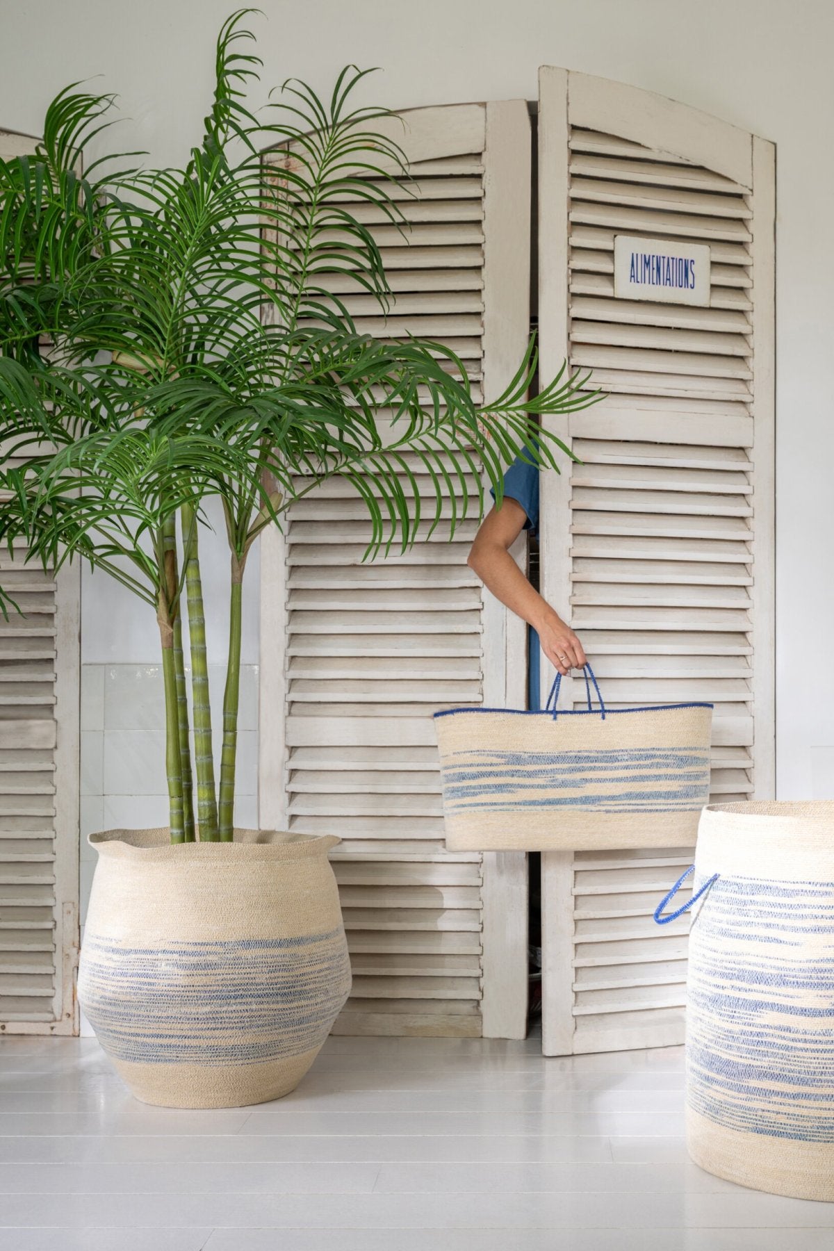 Mand Met Handvat Zeegras Naturel Blauw J-Line