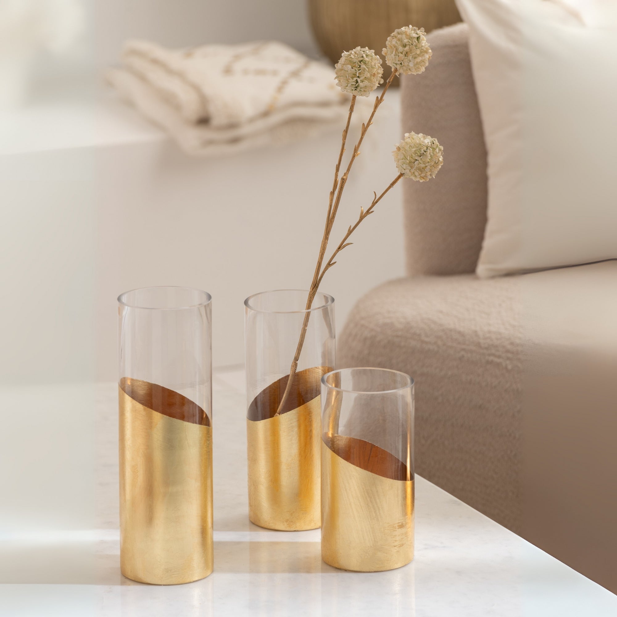 Windlicht Moa Glas Transparant/Goud J-Line set van 3