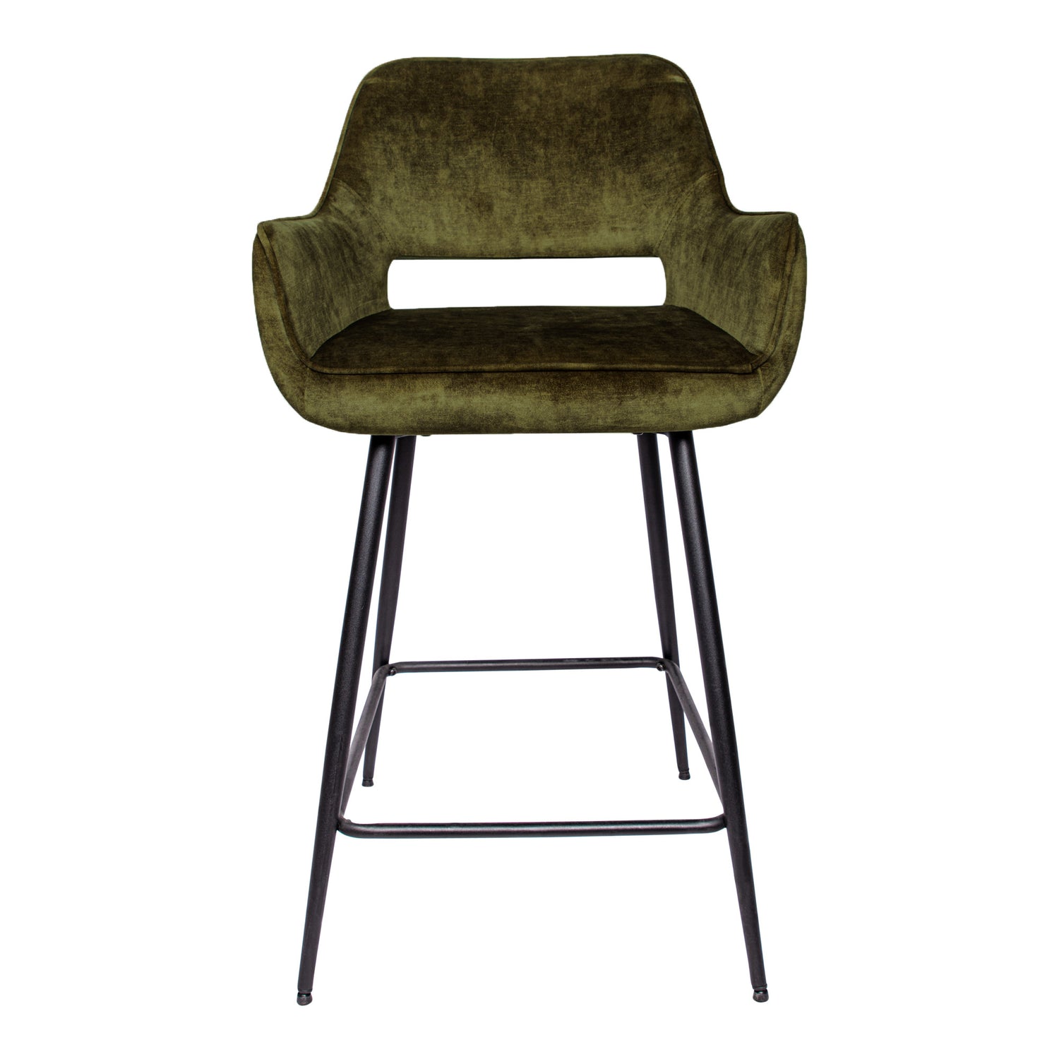 Fal Low barkruk van PTMD, vooraanzicht van de groene velvet zithoek met slank zwart frame