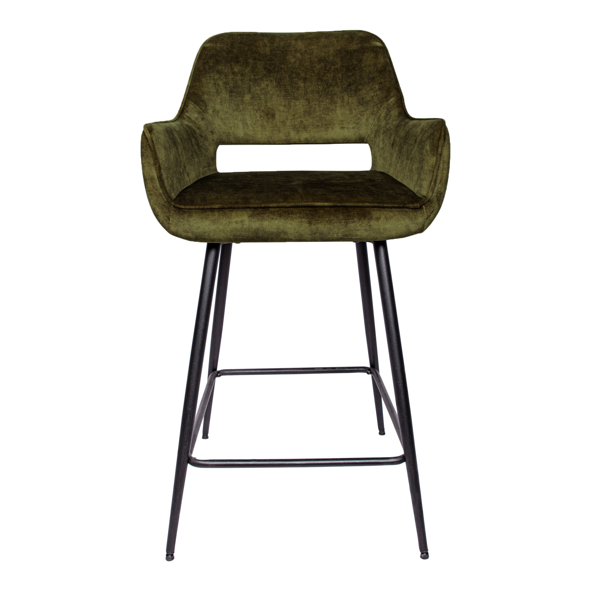 Fal Low barkruk van PTMD, vooraanzicht van de groene velvet zithoek met slank zwart frame