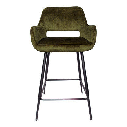 Fal Low barkruk van PTMD, vooraanzicht van de groene velvet zithoek met slank zwart frame
